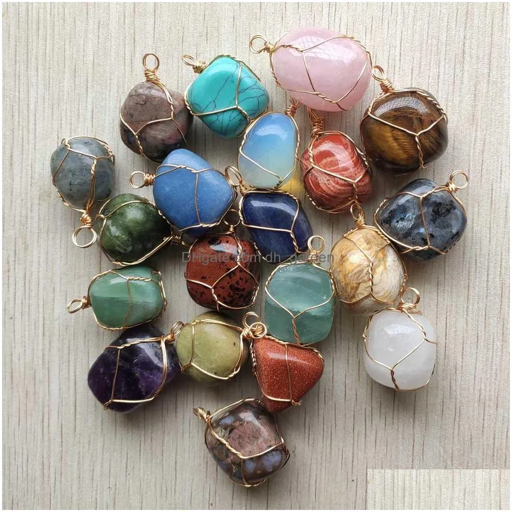 raw stone charms pendant gold wrap irregular rose quartz agate tiger eye beads crystal pendants for jewelry making necklace earrings