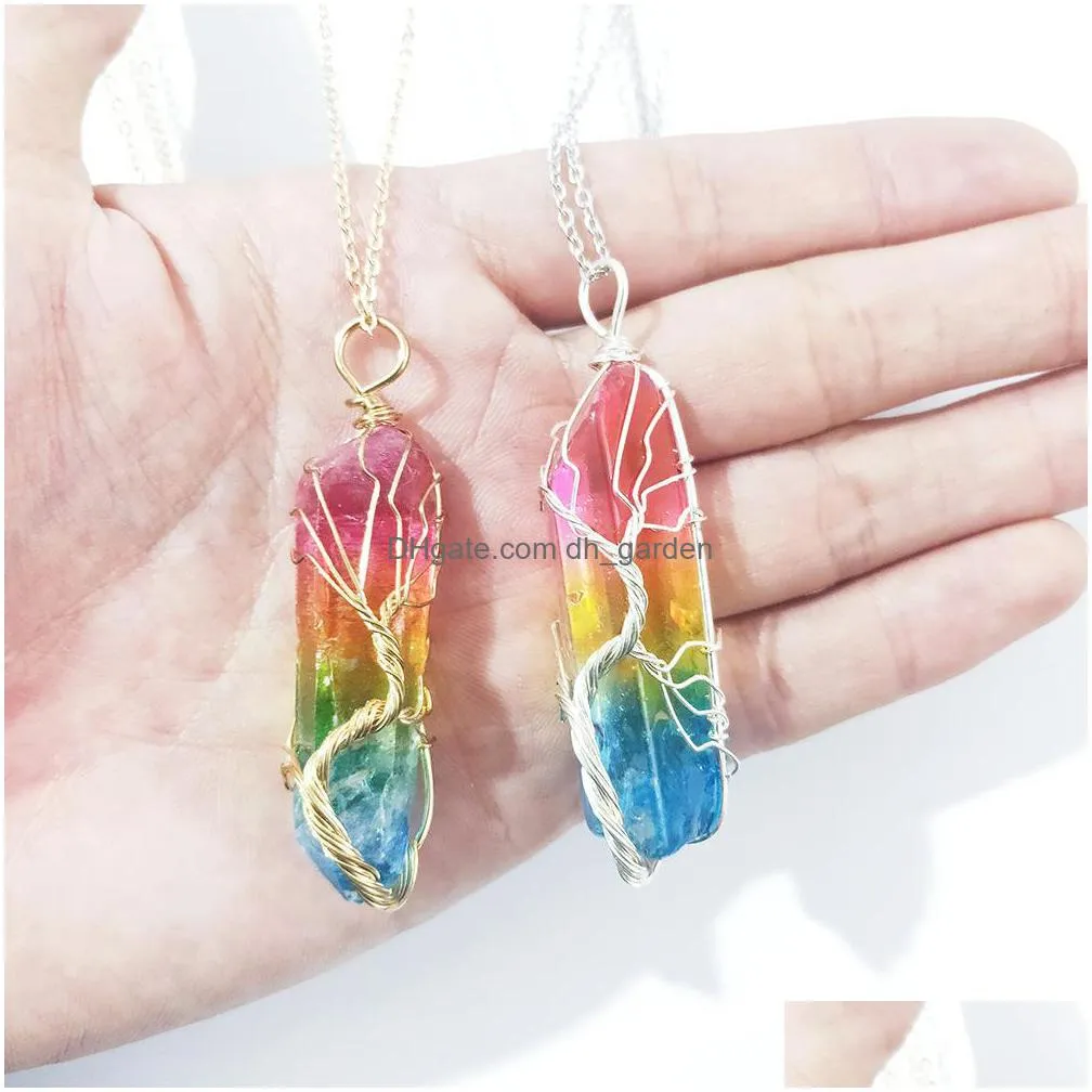 dyed color healing crystal stone pillar charms necklaces twine tree of life wire wrap pendant quartz wholesale jewelry gift