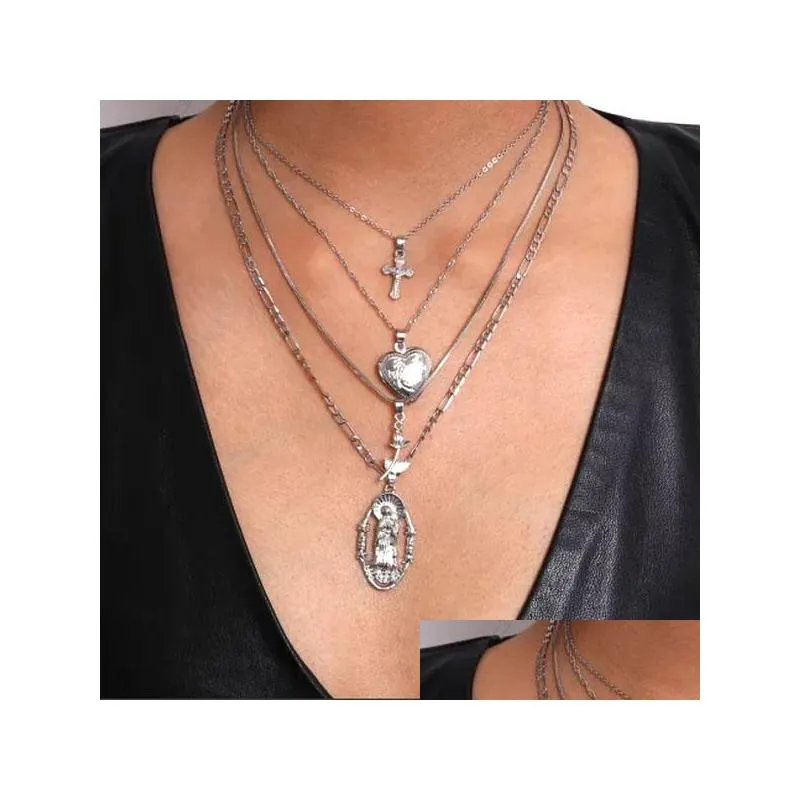 fashion jewelry vintage multilayer necklace metallic cross madonna rose openable heart pendant necklace