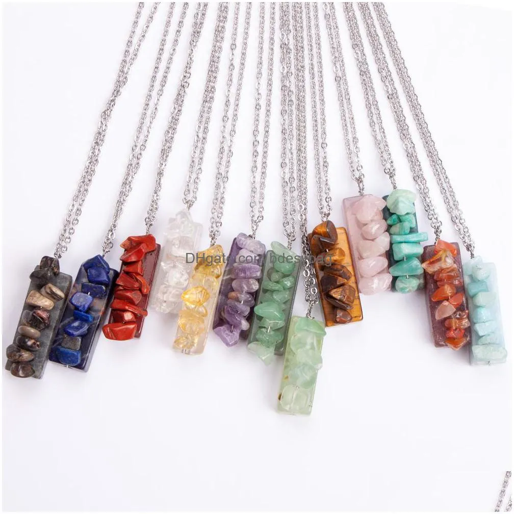 rectangle natural crystal necklace healing chips gravels stone pendant pink purple crystal choker femme jewelry