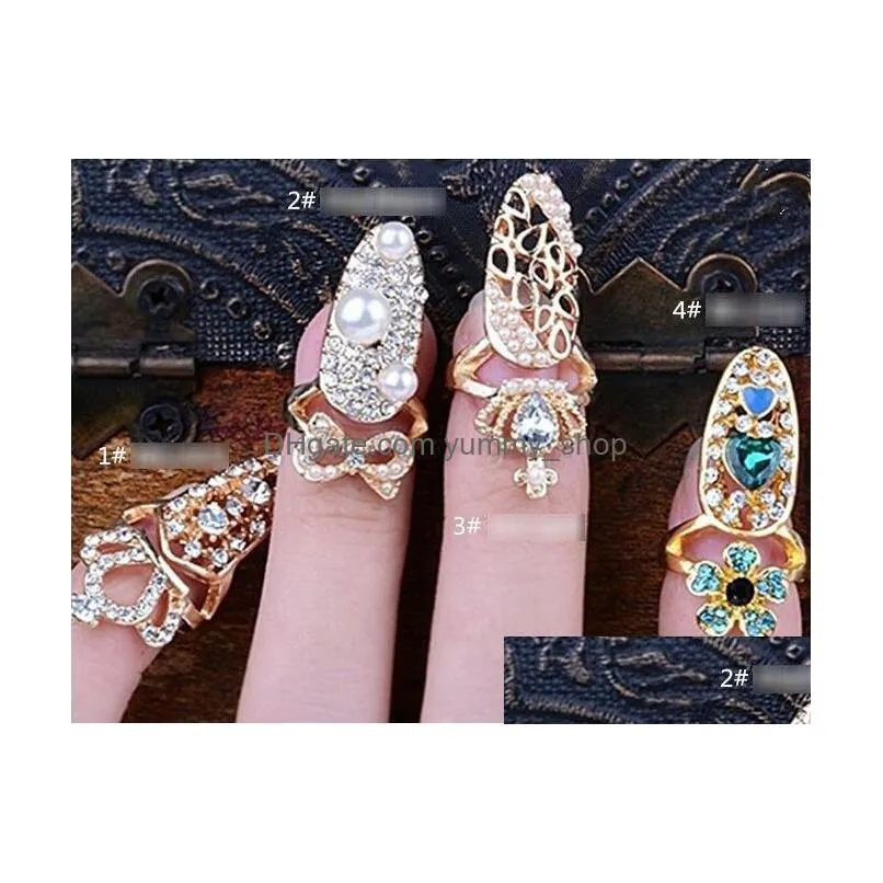 fashion jewelry metal nail ring hollowed bowknot crown flower rhinstone nails beauty rings