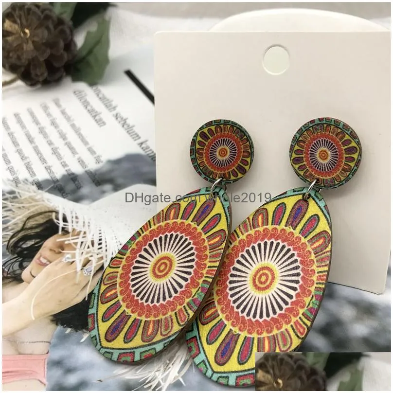 bohemian fashion jewelry dangle earrings for women retro painting water drop wood earrings