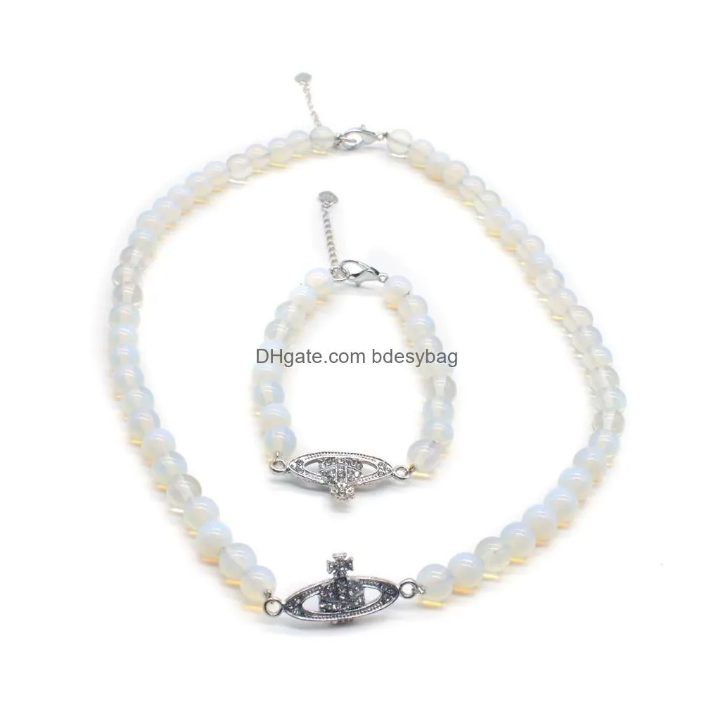 gemstone pendant necklace and bracelet healing quartz natural stone 8mm beaded with rhinestone charm jewelry set for women