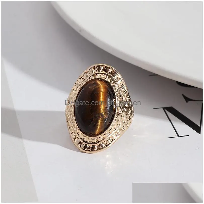 retro gold oval tigers eye stone rings fashion inner dia 1.7cm gold color band jewelry for women men