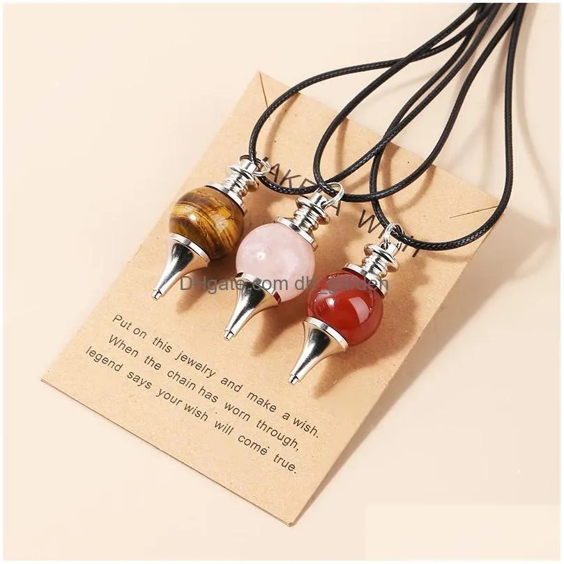 round natural stone pendulum pendant necklace rose quartz crystal make wish card necklaces healing for women men