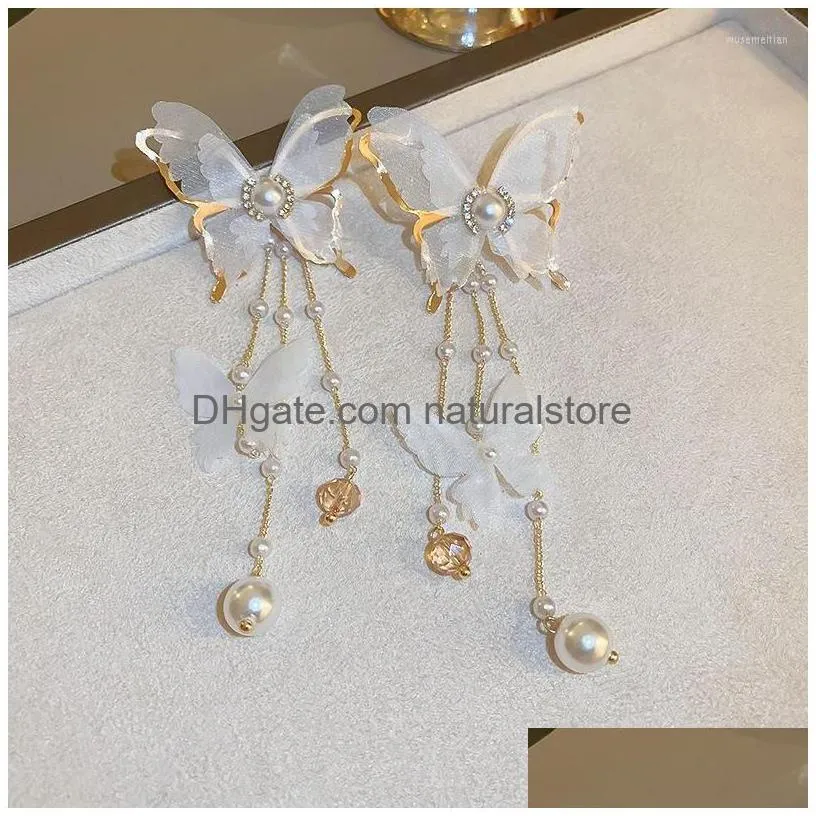 dangle earrings fyuan beautiful white cloth butterfly drop girls long tassel pearl party women jewelry