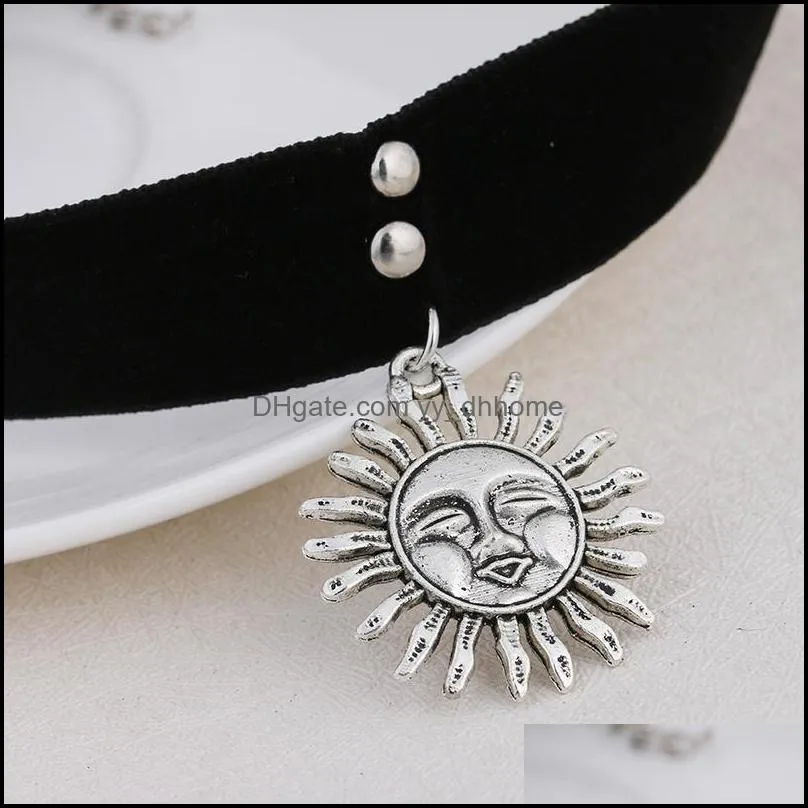 trendy vintage black velvet gothic choker necklace big sun charm pendant necklaces for elegant girl women