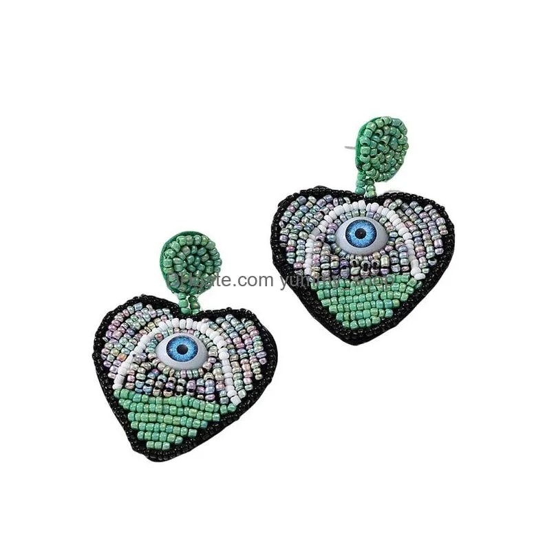 fashion jewelry dangle peach heart evil eye earrings hand woven rice beads blue eyes stud earrings