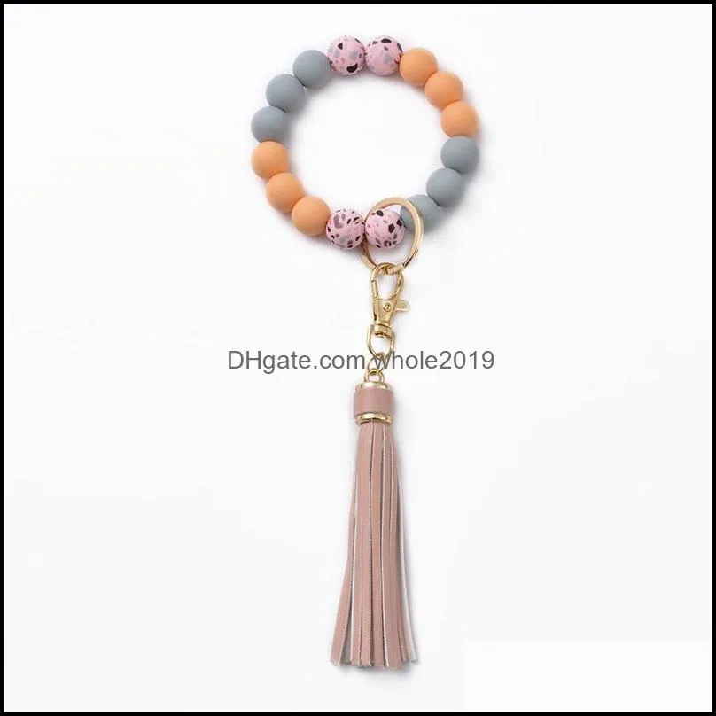 silicone wooden beads key chain multicolor tassel bracelet keyring large circle keychains wristlet jewelry 119c3