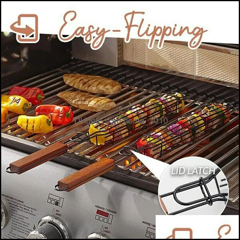 portable bbq grilling basket stainless steel reusable durable wooden handle barbecue tool grill basketbarbecuegrill net