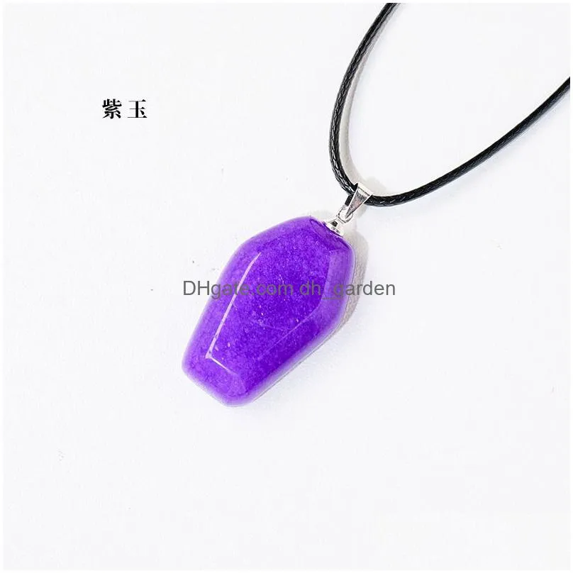 coffin shape fortune feng shui pendant natural stone quartz agates healing crystal tiger eye charms rope necklace jewelry