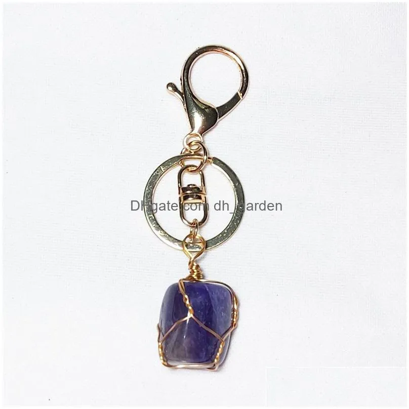 natural crystal stone keychains gold wire wrap irregular amethyst quartz agates lanyards meditation energy key ring pendant jewelry