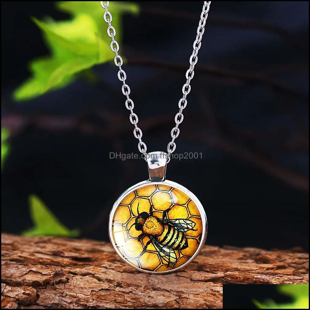 creative bees pattern necklace glass cabochon pendant fashion jewelry black chain statement necklaces gift for women