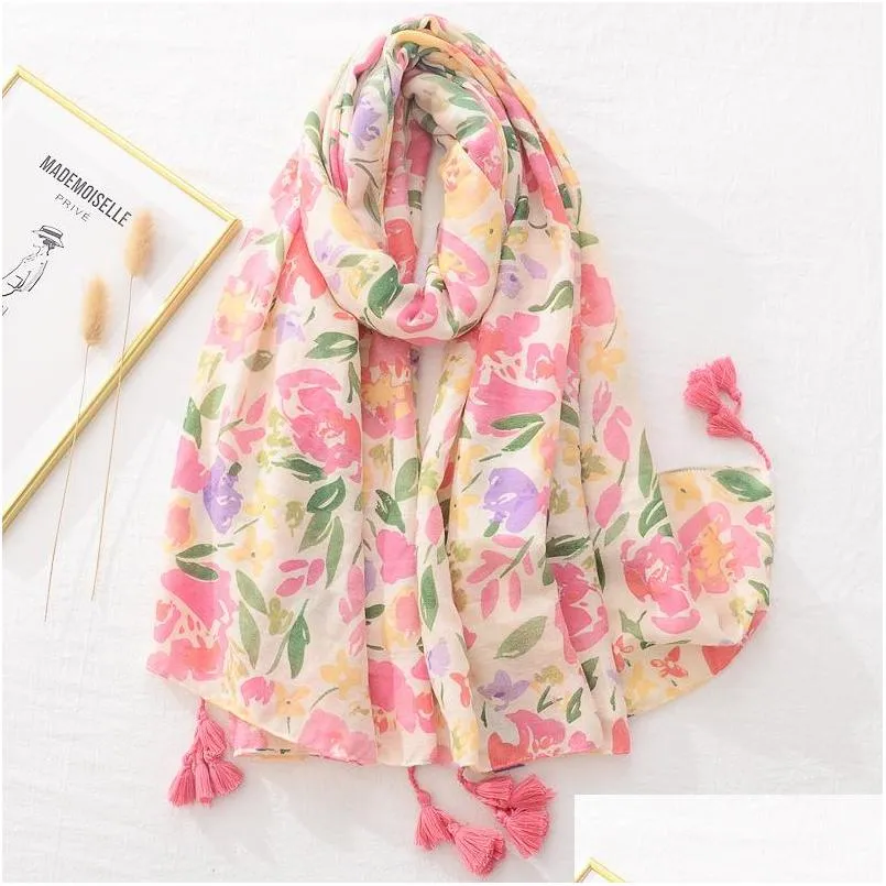 spring summer women slik scarf sunscreen cotton and linen feel scarf big gauze shawl soft satin plants flowers beach towel