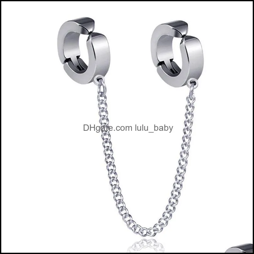 1 piece punk stainless steel circle clip on earrings hoop earrings with long chain silver color unique fashion jewelry