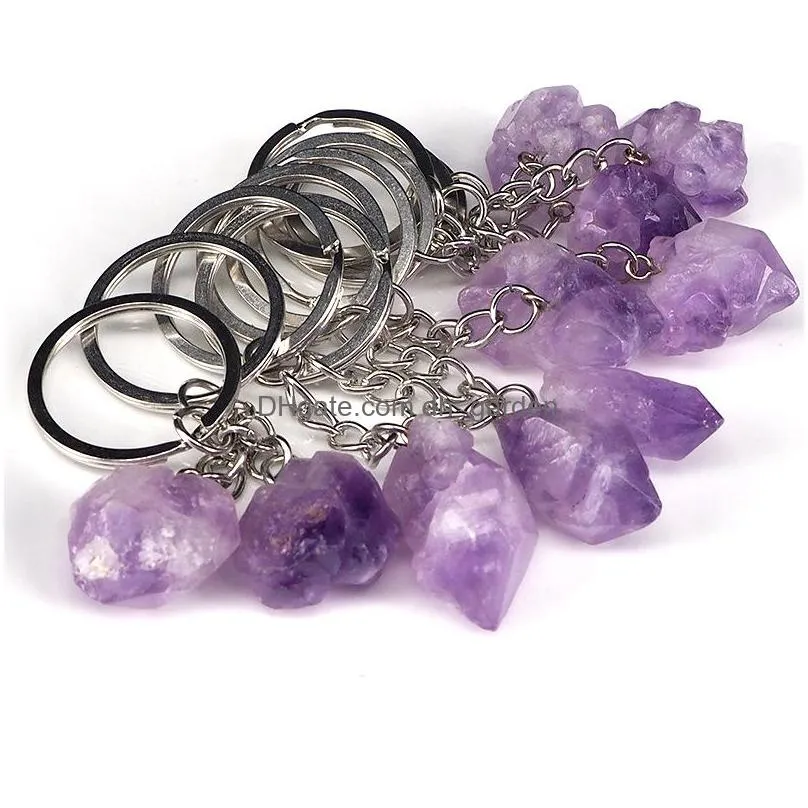natural stone key rings handbag purse holder irregular amethyst crystal quartz stones keychains dangle car clasps chains keyrings
