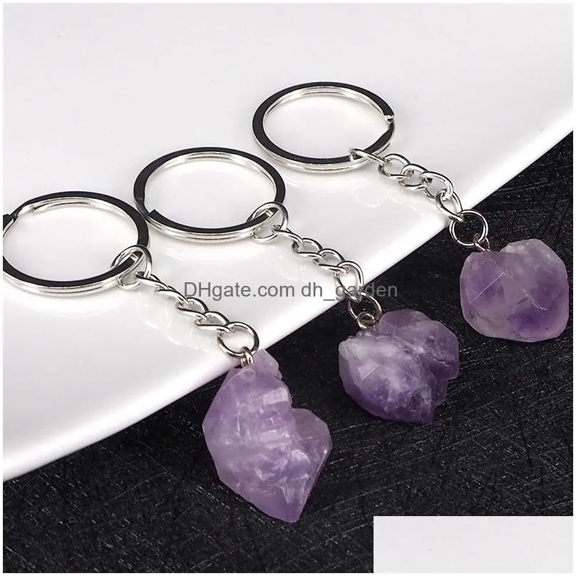 natural stone key rings keychains silver color healing amethyst crystal car decor keyholder for women men