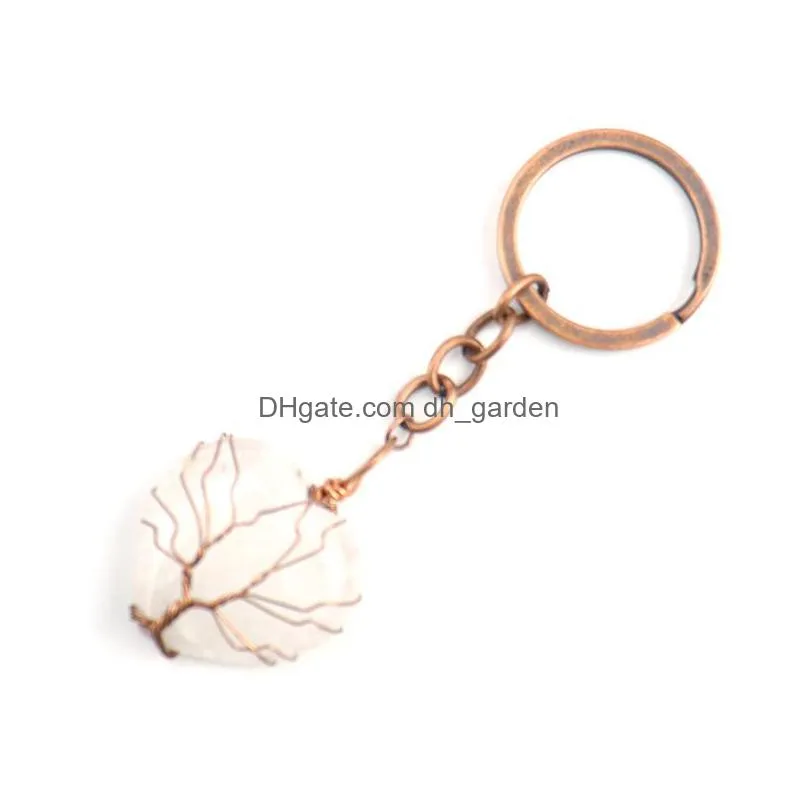 retro handmade tree of life key rings heart natural stone healing crystal quartz keychain keys chain key ring