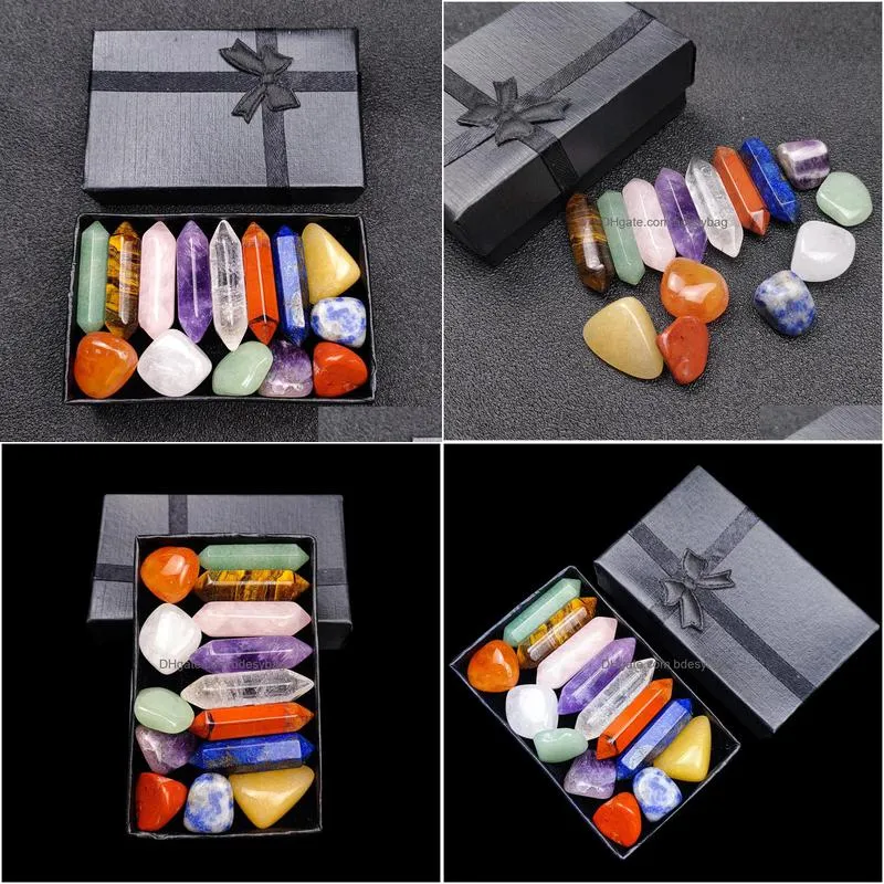 natural chakra hexagon column energy stone box for women reiki healing crystals gemstones yoga 14pcs