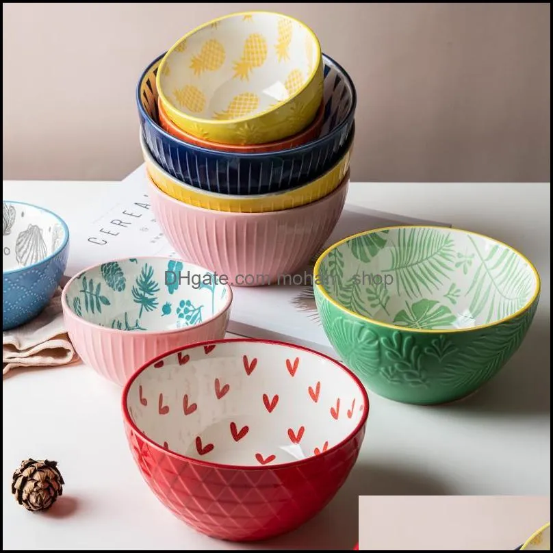 cute ceramic bowls embossed noodle bowls relief nonslip rice soup tableware restaurant salad bowl wholesale