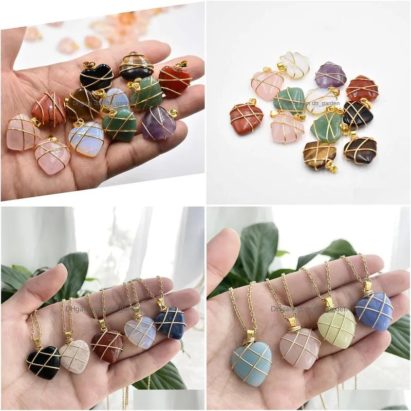 gold color wire wrap love heart shape pendant natural stone mixed necklace jewelry accessories making wholesale