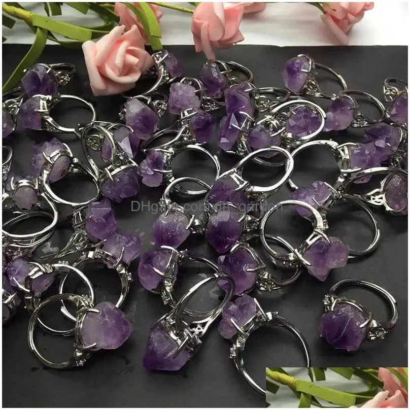 natural vintage amethyst cluster ring crystal rough stone flower adjustable energy silver jewelry sets accessorl gift punk