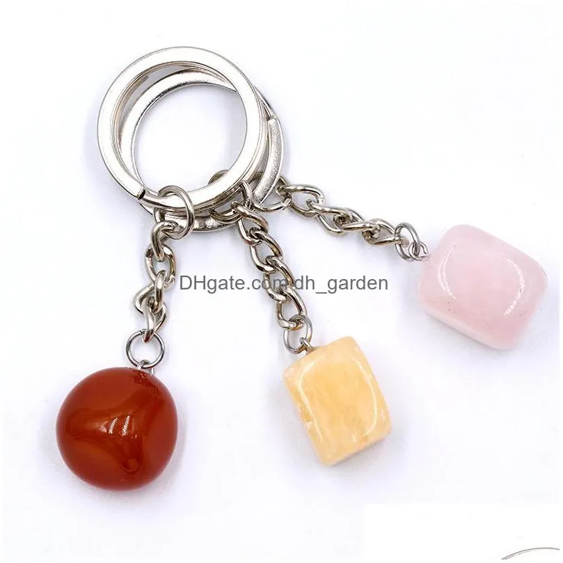 irregular cubic natural crytal stone keychains key rings silver color healing crystals car decor keyrings keyholder for women men gift