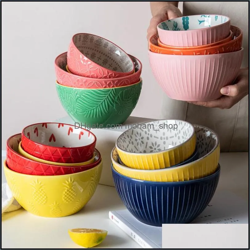 cute ceramic bowls embossed noodle bowls relief nonslip rice soup tableware restaurant salad bowl wholesale