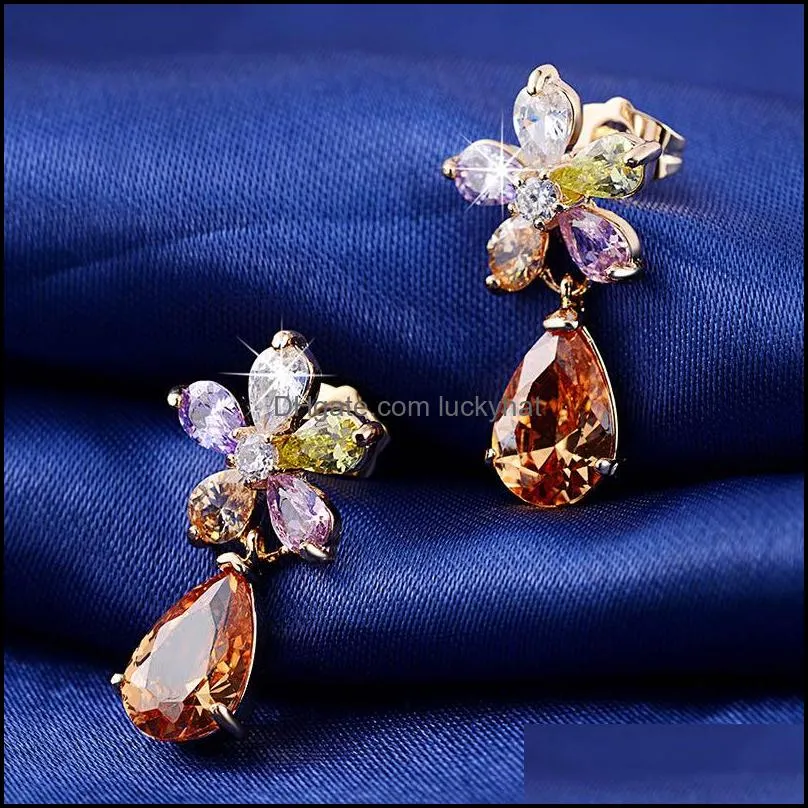 flower earrings sliver color austrian zircon water drop crystal pendant drop earrings for women bridal wedding jewelry wholesale