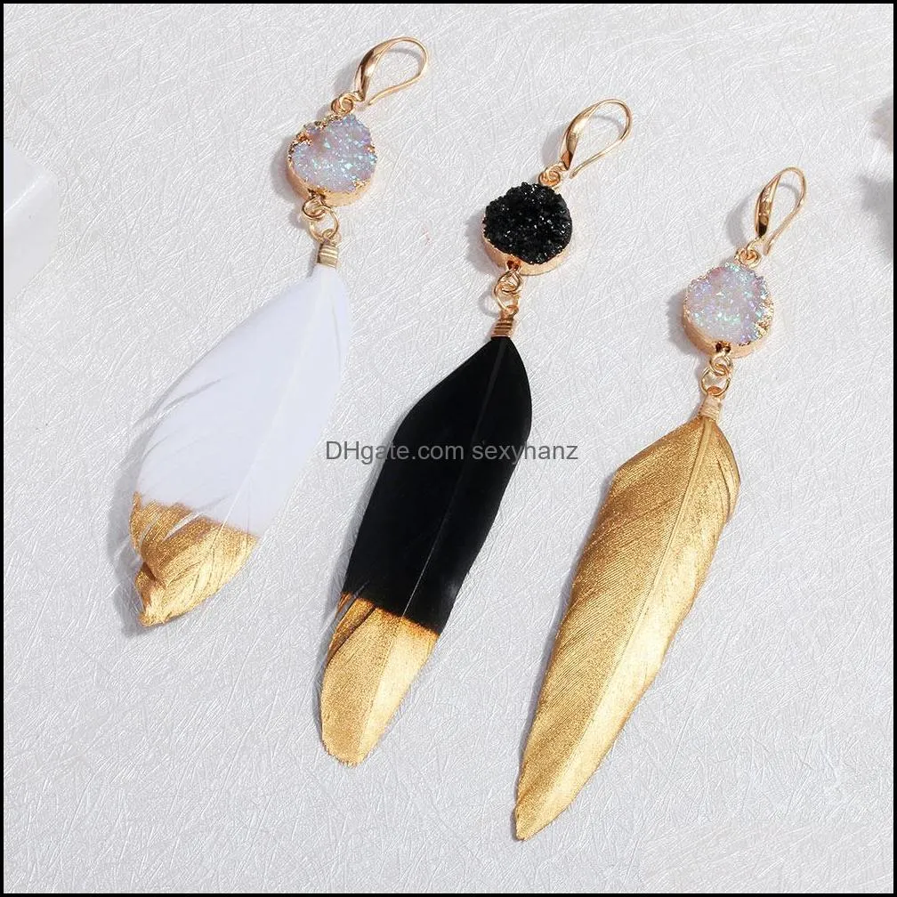 fashion resin stone earrings bohemian black white gold feather dangle earring for women gold plating ear wedding jewelry gifts