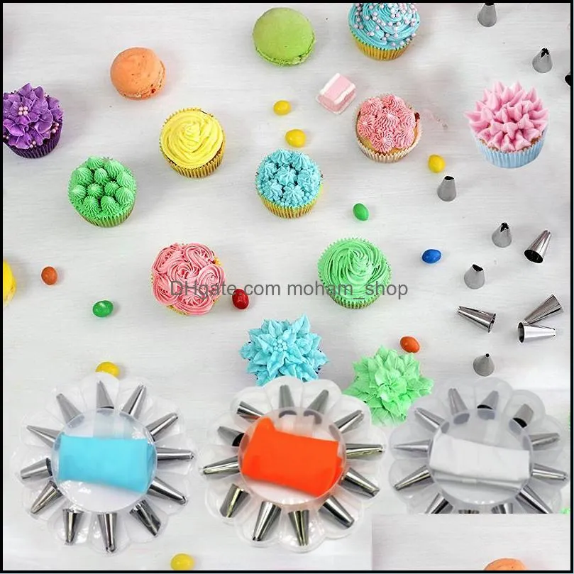 baking pastry tools 14pcs/set russian icing piping tips silicone cream bag stainless steel nozzle set diy cake decorating