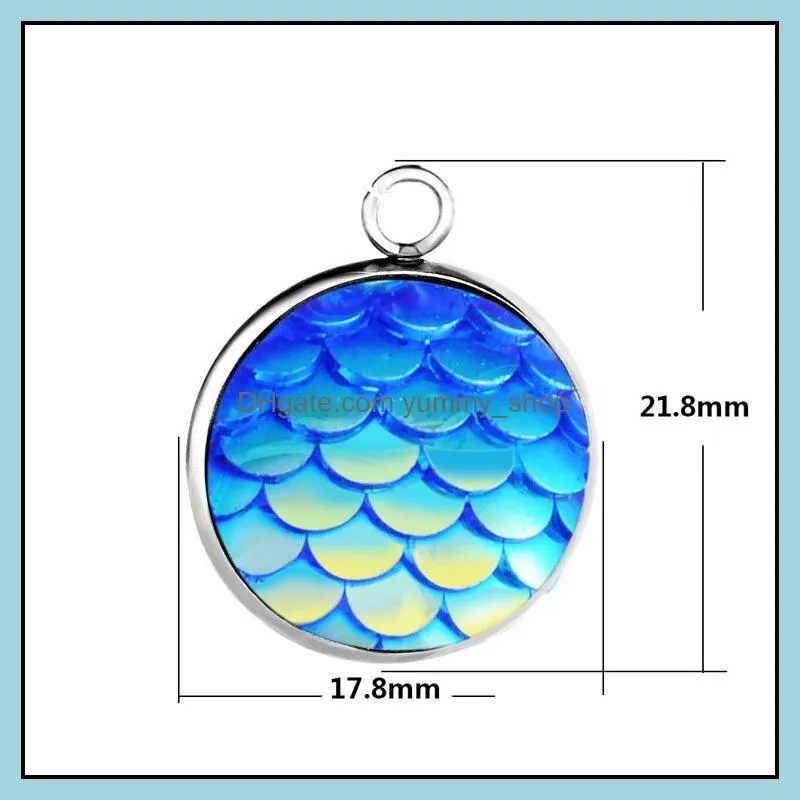 16mm round charm for necklace and bracelets jewelry making stainless steel resin fish scales mermaid pendant