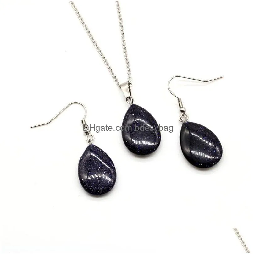 teardrop gemstone pendant necklace and earrings healing crystal natural stone jewelry set for women