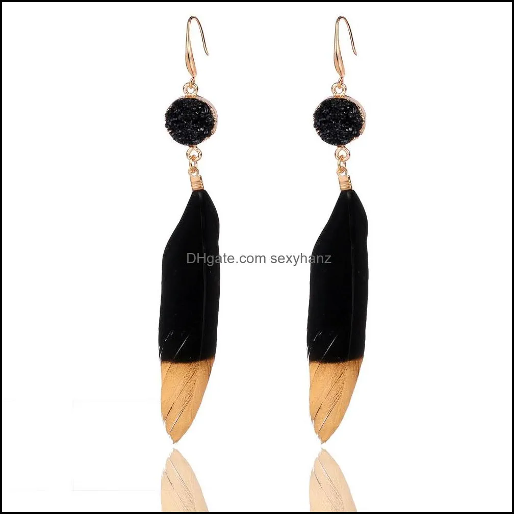 fashion resin stone earrings bohemian black white gold feather dangle earring for women gold plating ear wedding jewelry gifts