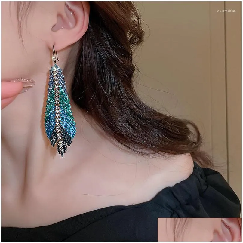 dangle earrings fyuan long tassel drop for women feather style blue rhinestone fashion jewelry accessories