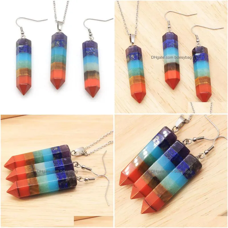 chakra bullet shape natural stone pendant necklace earrings set healing crystal rainbow gemstone jewelry sets for women