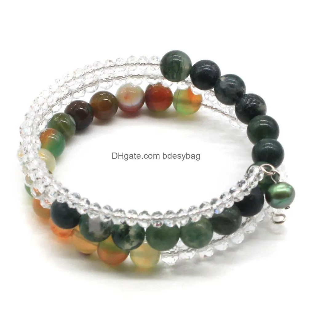 natural stone strand bracelet handmade layer wrap bangle with clear crystal bead and gemstones for women