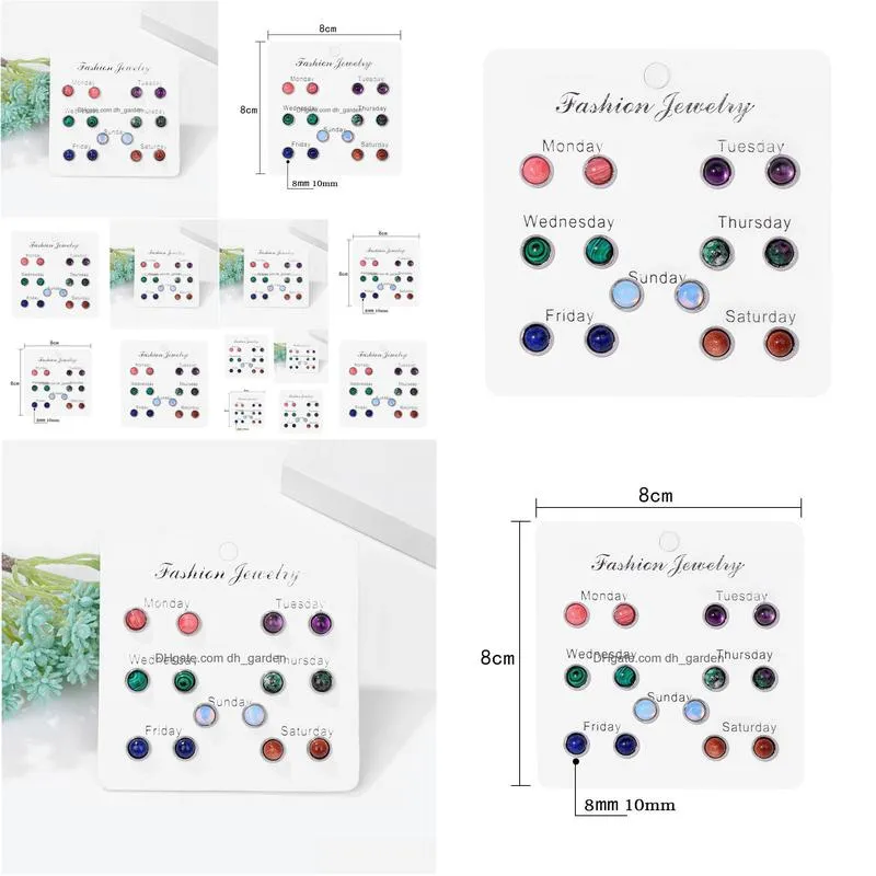 7pair week set simple round beads stud earrings colorful natural stone ear studs simple female earring for women girls jewelry