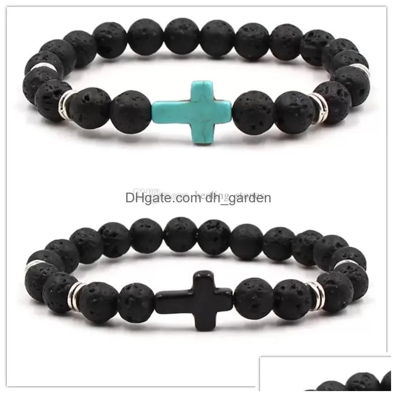 8mm black stone beads cross charms elastic strand bracelet bangle for women men jewelry