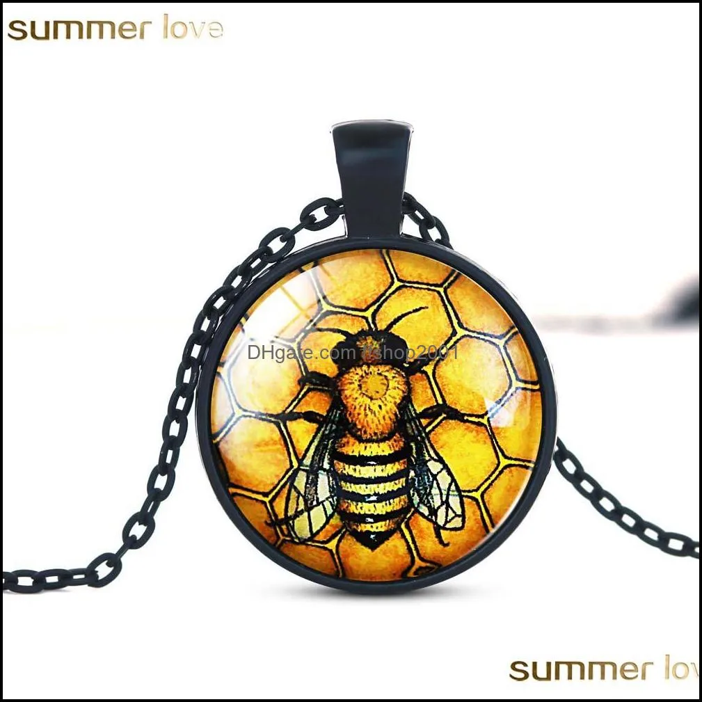 creative bees pattern necklace glass cabochon pendant fashion jewelry black chain statement necklaces gift for women