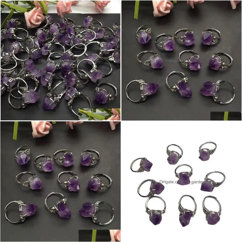 natural vintage amethyst cluster ring crystal rough stone flower adjustable energy silver jewelry sets accessorl gift punk