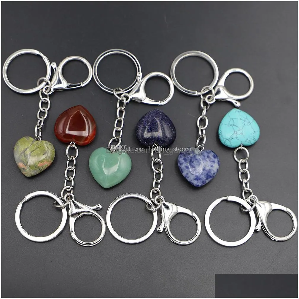 natural crystal stone keychains heart shaped key rings rose pink tiger eye charms key chains quartz gifts men women presents jewelry