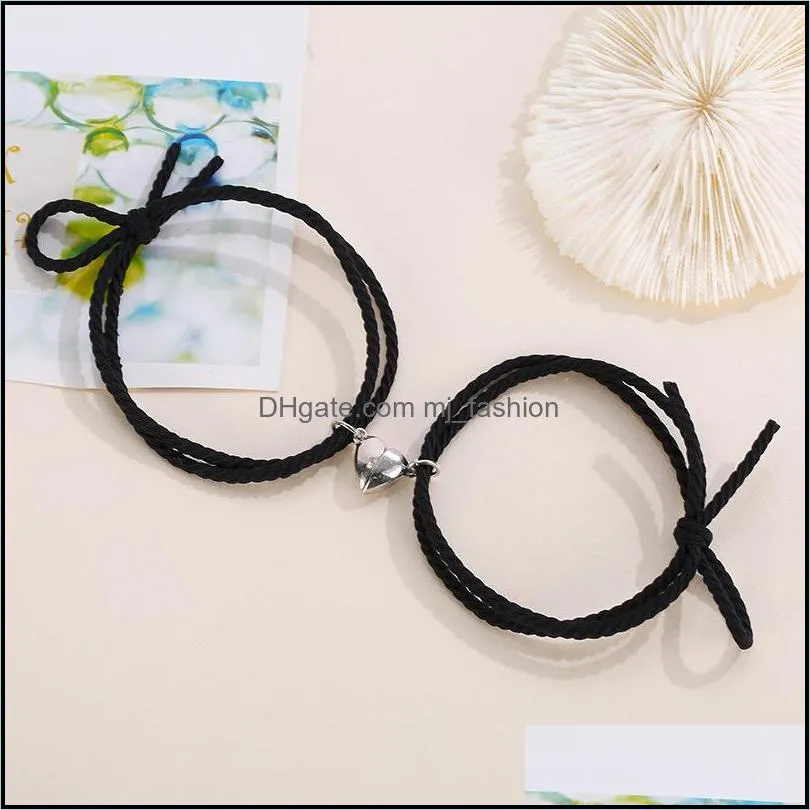 2pcs couple minimalist heart friendship bracelet hair rope braided magnetic distance bracelets lovers matching