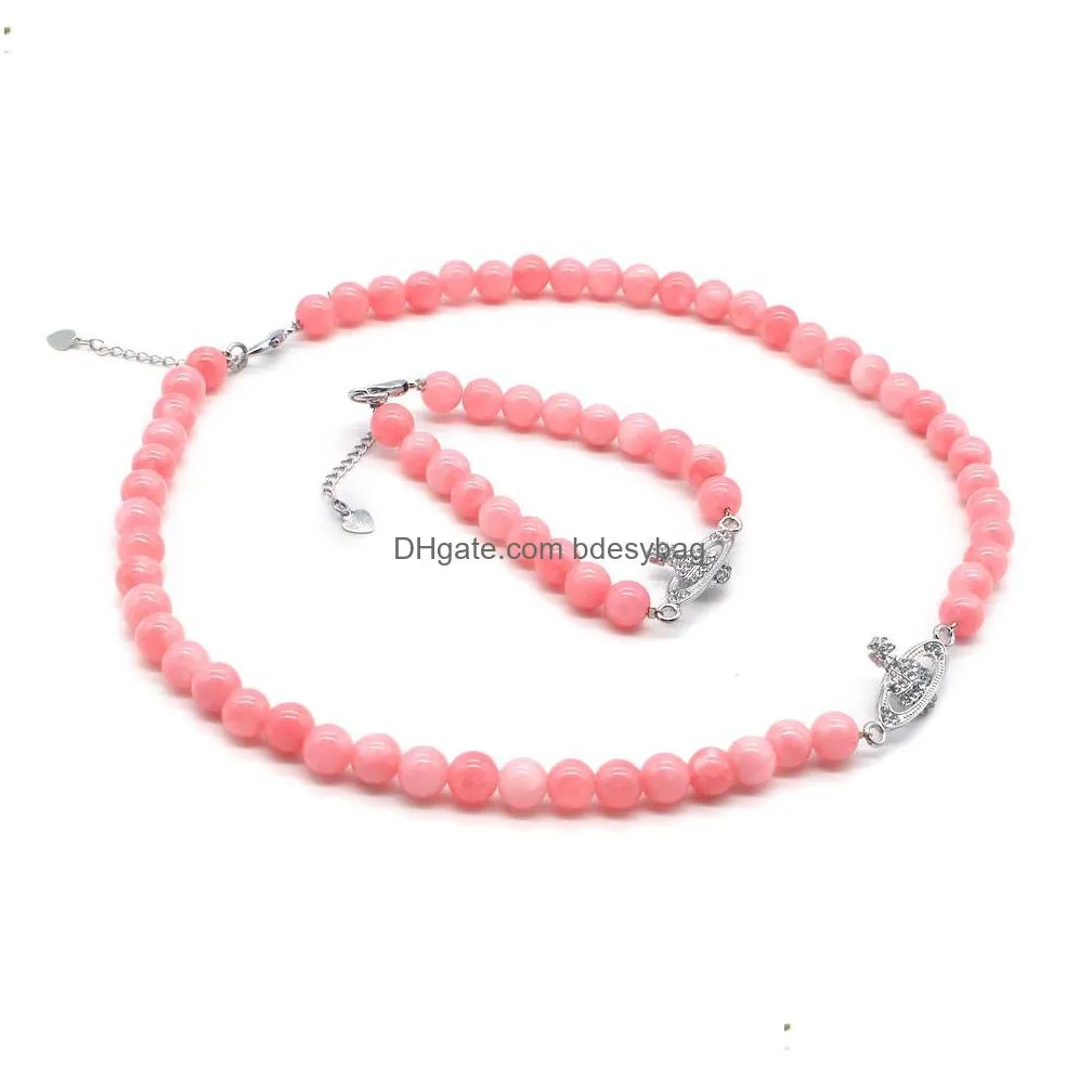 gemstone pendant necklace and bracelet healing quartz natural stone 8mm beaded with rhinestone charm jewelry set for women