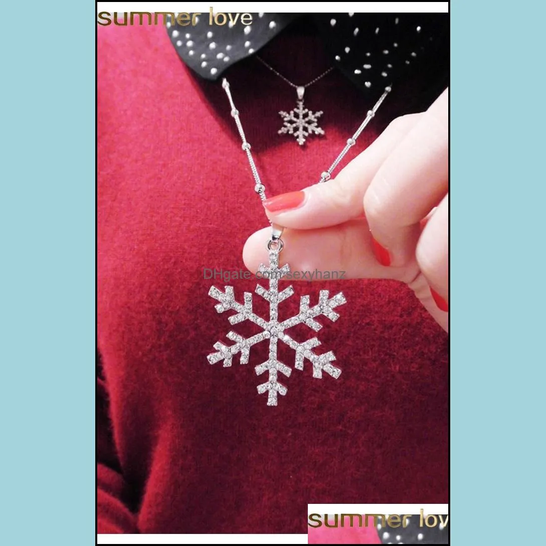 fashion rhinestone snowflake pendant long chian necklaces sweater chain double layers snow pendant necklace for women christmas gift