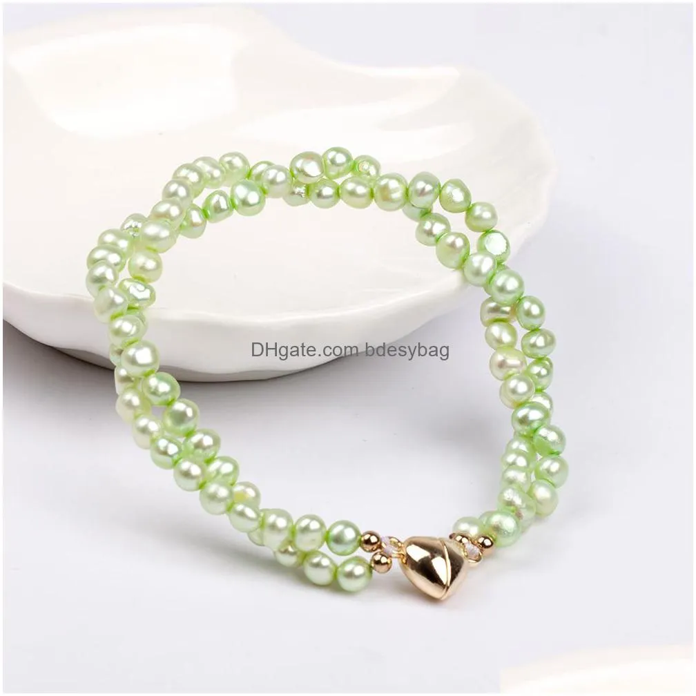 double layer freshwater pearl strand bracelet heart charm colored pearl beaded stretch bangle love wish for women jewelry party gift