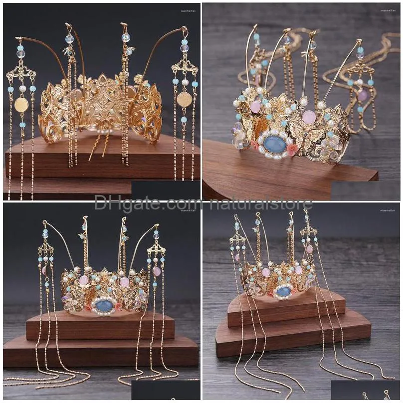 hair clips forseven long tassel phoenix coronet simulated pearls tiaras and crowns headbands sticks chinese wedding jewelry