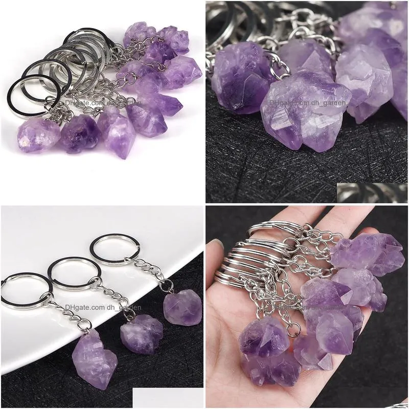 natural stone key rings keychains silver color healing amethyst crystal car decor keyholder for women men