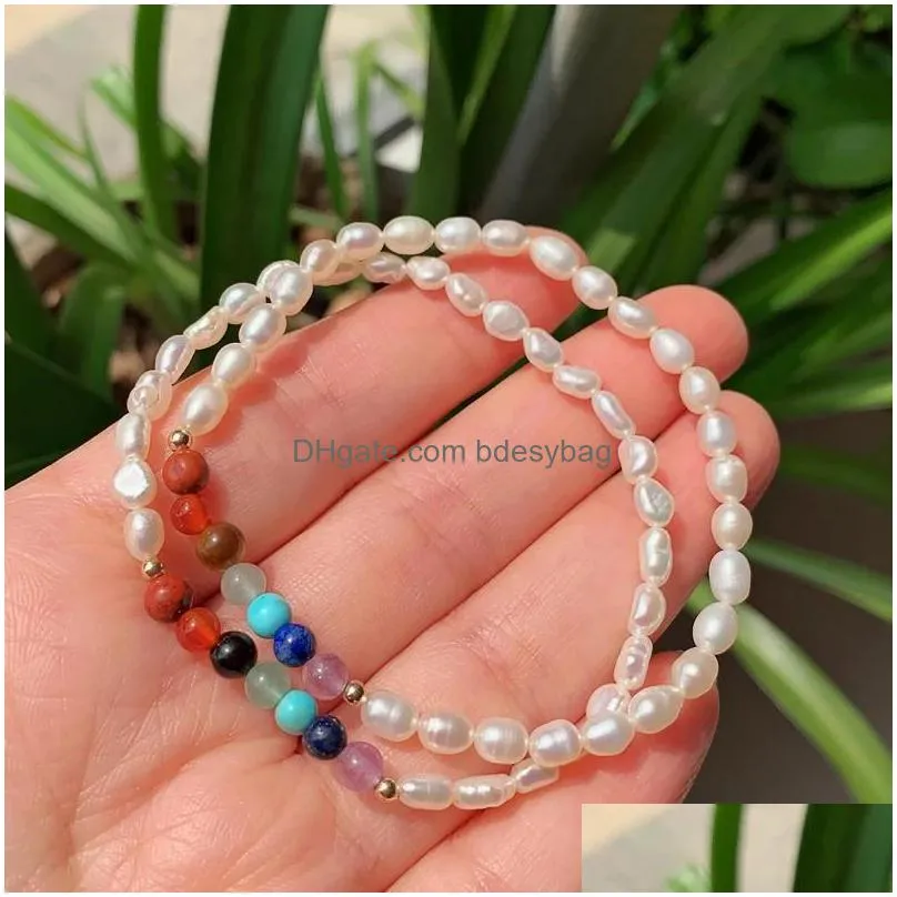 5pcs freshwater white pearl beaded strand bracelet with chakra gemstones jewelry adjustable bracelets charms womens gift love wish