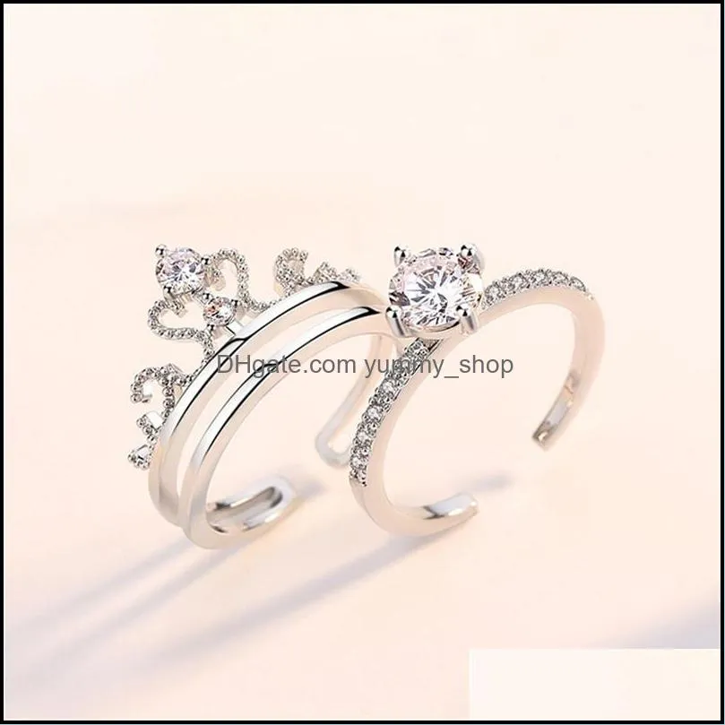 crown 2 in 1 ring female fashion zircon index finger of korean open adjustable ring jewelry gifts